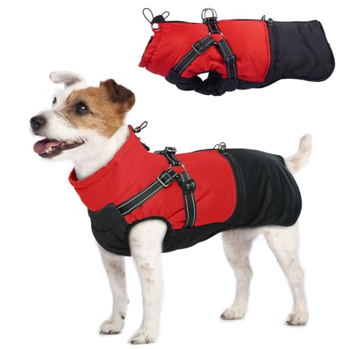 Hjumarayan Hundemantel für Kleine Hunde, Hundemantel mit Geschirr Wintermantel Klein Hunde Mantel Gefüttert, Hundejacke Wasserabweisend und Warm Mantel Winter, Rot S von Hjumarayan