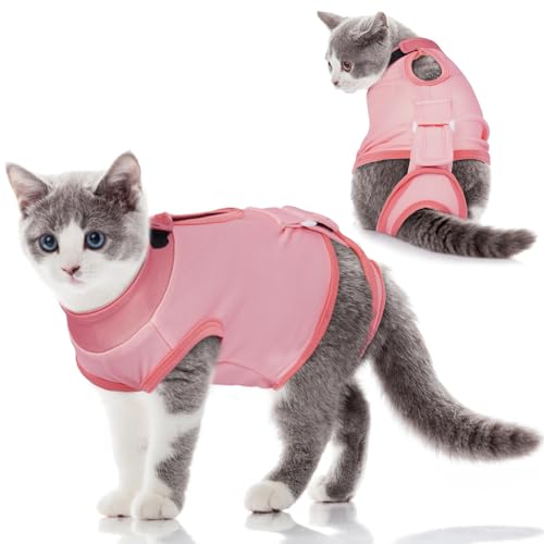Hjumarayan Katzenbody nach OP, Verstellbarer Body Katze nach OP Atmungsaktiver Katzen OP Body Kastration, Katzenanzug Katzenbody Gegen Lecken von Kastrations- und Unterleibswunden, Rosa S von Hjumarayan