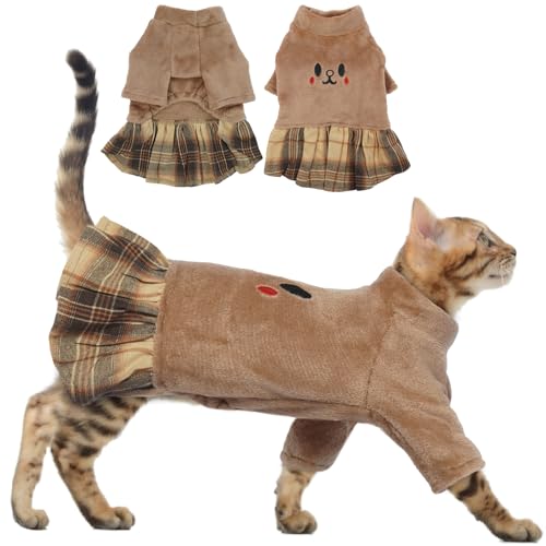 Hjumarayan Katzenpullover Hundepullover Fleece, Hundepullover Kleine Hunde Chihuahua Kleidung für Winter Warme Pullover für Katzen Kleid mit Kariertem Saum, Braun XS Hjumarayan Katzenpullover Hundepullover Fleece, Hundepullover Kleine Hunde Chihuahua Kleidung für Winter Warme Pullover für Katzen Kleid mit Kariertem Saum, Braun XS von Hjumarayan