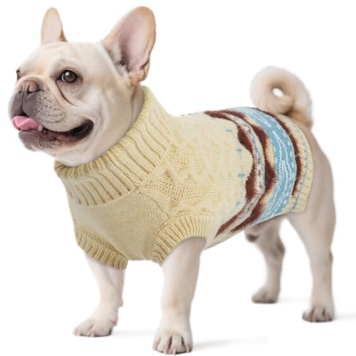 Hjumarayan Warmer Hundepullover - Fair Isle Pullover Hund mit Geschirr Öffnung Weihnachtspullover Elastisch Hundepulli Winter für Kleine Mittelgroße Hunde (1–24 kg), Shih Tzu Sweater Beige M von Hjumarayan