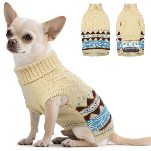 Hjumarayan Warmer Hundepullover - Fair Isle Pullover Hund mit Geschirr Öffnung Weihnachtspullover Elastisch Hundepulli Winter für Kleine Mittelgroße Hunde (1–24 kg), Shih Tzu Sweater Beige S von Hjumarayan