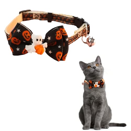 Hjvvr Schwarzes Halloween-Katzenhalsband, 1 x verstellbares Kürbis-Haustierhalsband, Halloween-Geister-Schleife mit Glöckchen von Hjvvr