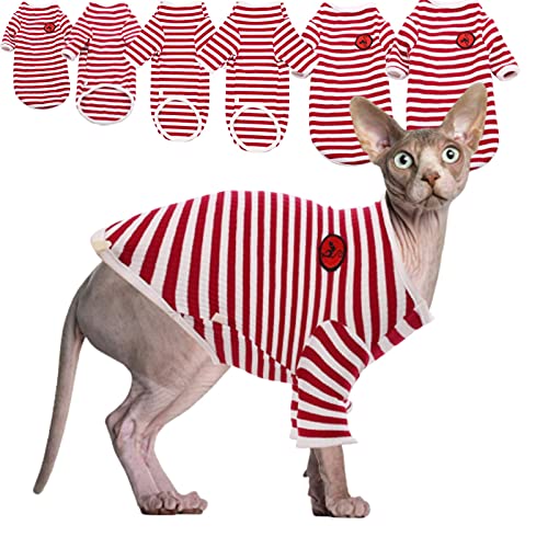 Haarlose Katze Baumwolle Kleidung Atmungsaktive Sommer T-Shirts Streifen Weste Haustier Kleidung Weich Dehnbar Hautfreundliche Katzen Bekleidung Katze Pyjama Jumpsuit für Sphynx Cornish Rex Devon Rex von Hjyokuso