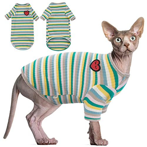 Haarlose Katze Baumwolle Kleidung Atmungsaktive Sommer T-Shirts Streifen Weste Haustier Kleidung Weich Dehnbar Hautfreundliche Katzen Bekleidung Katze Pyjama Jumpsuit für Sphynx Cornish Rex Devon Rex von Hjyokuso