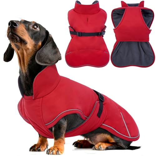 Hjyokuso Hundemantel Dackel, Winddichter Wasserdichter Wintermantel Für Dackel Hunde, Hundejacke Für Große Hunde, Hundemantel Winter Mit Bauchschutz Und Leinenloch, Winterjacken Für Hunde - Rot Hjyokuso Hundemantel Dackel, Winddichter Wasserdichter Wintermantel Für Dackel Hunde, Hundejacke Für Große Hunde, Hundemantel Winter Mit Bauchschutz Und Leinenloch, Winterjacken Für Hunde - Rot von Hjyokuso