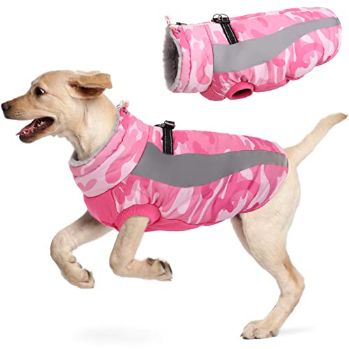 Hjyokuso Hundemantel Wasserdicht, Wintermantel Hund, Hundejacke für Kleine Mittel Große Hunde, Winddichte Hundekleidung Winterjacke mit Reflektierender Streifen und Reißverschluss - Rosa XXXL von Hjyokuso