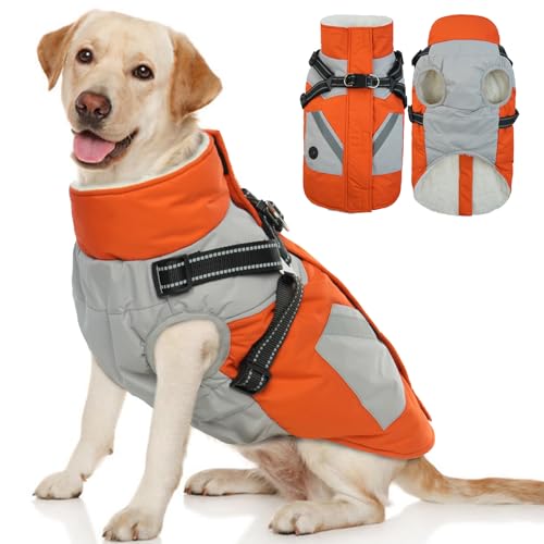 Hjyokuso Wasserdichter Hundemantel, Hundejacke mit Geschirr, Hundejacken für kleine Mittel Große Hunde, Winddichte Haustierkleidung Outfit mit Reflektierender Streifen und Reißverschluss - Orange 3XL von Hjyokuso