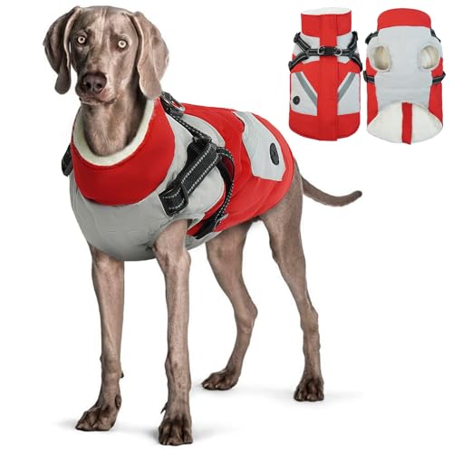 Hjyokuso Wasserdichter Hundemantel, Hundejacke mit Geschirr, Hundejacken für kleine Mittel Große Hunde, Winddichte Haustierkleidung Outfit mit Reflektierender Streifen und Reißverschluss - Rot XL von Hjyokuso