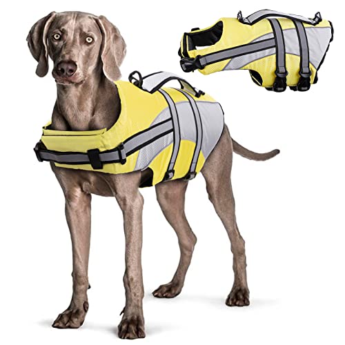 Hjyokuso Schwimmweste Hund, Hundeschwimmweste, Hunde Schwimmhilfe, Ripstop & Reflektierende, Größenverstellbar mit Starkem Auftrieb und Rettungsgriff zum Schwimmen, Bootfahren und Kanufahren von Hjyokuso