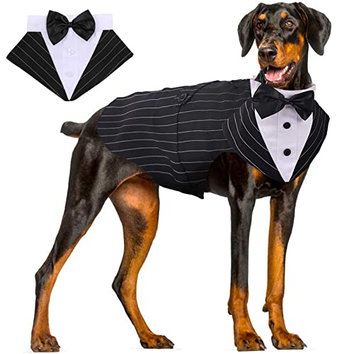 Hjyokuso Hund Smoking Anzug & Bandana Set, Hund Hochzeit Anzug, Hundekostüm für Kleine, Mittlere und Große Hunde, Hundekleidung für Hochzeit, Geburtstage, Partys, Weihnachten und Halloween -Gestreift von Hjyokuso