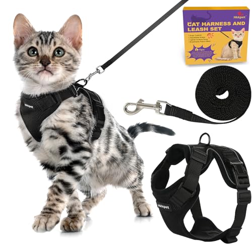 Hkkpet Verstellbares Katzengeschirr und Leine, Set für Spaziergänge im Freien, weiches, atmungsaktives Netz-Katzengeschirr mit reflektierenden Streifen, ausbruchsicher, sichere Katzenweste, Schwarz, Hkkpet Verstellbares Katzengeschirr und Leine, Set für Spaziergänge im Freien, weiches, atmungsaktives Netz-Katzengeschirr mit reflektierenden Streifen, ausbruchsicher, sichere Katzenweste, Schwarz, von Hkkpet