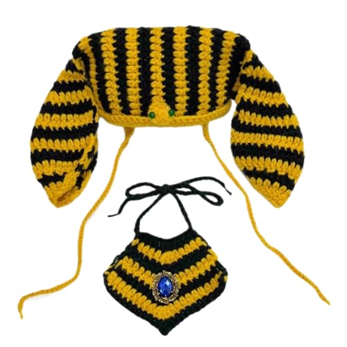 Hlagmix Hund Halloween Kostüm, Hund Pharaoh Kostüm,Ägyptisches Haustierkostümzubehör | Schwarze Goldstreifenhut -Bandana -Party -Outfits, Strickhundkleidung für kleine mittlere Rassen von Hlagmix
