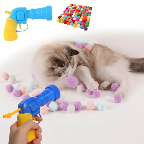 HoGeGe Cat Toy, Interactive Cat Toy, Cat Toy Balls with Cat Toy Launcher, Interaktives Starttraining für Katzenspielzeugbälle, mit 1 Werfer und 100 Bällen Lustiger Mini-Plüschball von HoGeGe