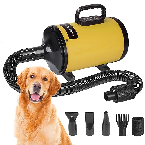 Hoapin Hundefön Tierhaartrockner Haartrockner 3200W / 4.3 PS, Einstellbare Geschwindigkeit und Temperatur, Haartrockner für Hunde mit 4 verschiedenen Düsen und digitaler Anzeige (Gelb) von Hoapin