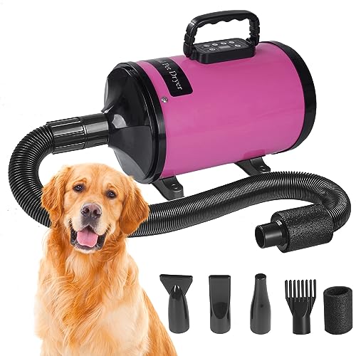 Hoapin Hundefön Tierhaartrockner Haartrockner 3200W / 4.3 PS, Einstellbare Geschwindigkeit und Temperatur, Haartrockner für Hunde mit 4 verschiedenen Düsen und digitaler Anzeige (Rosa) von Hoapin