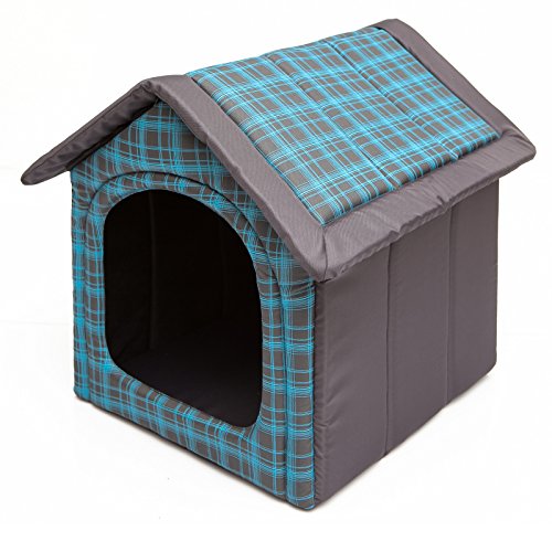 HobbyDog Hundehaus Hundehütte für mittelgroße Hunde - Katzenhaus, Katzenhöhle - mit herausnehmbarem Dach - Tierhaus für Katzen und Hunde für Drinnen/Indoor 38 x 32 x 38 cm [S] Blau Kariert von DOGGY