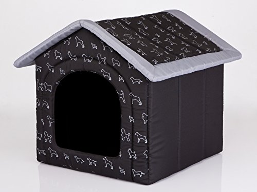 HobbyDog Hundehaus Hundehütte für mittelgroße Hunde - Katzenhaus, Katzenhöhle - mit herausnehmbarem Dach - Tierhaus für Katzen und Hunde für Drinnen/Indoor 60 x 55 x 60 cm [XL] Schwarz mit Hundemuster von DOGGY