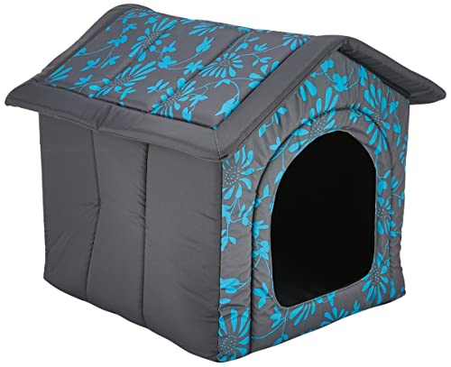 HobbyDog Hundehaus Hundehütte für mittelgroße Hunde - Katzenhaus, Katzenhöhle - mit herausnehmbarem Dach - Tierhaus für Katzen und Hunde für Drinnen/Indoor 60 x 55 x 60 cm [XL] in Blau Blumen von DOGGY