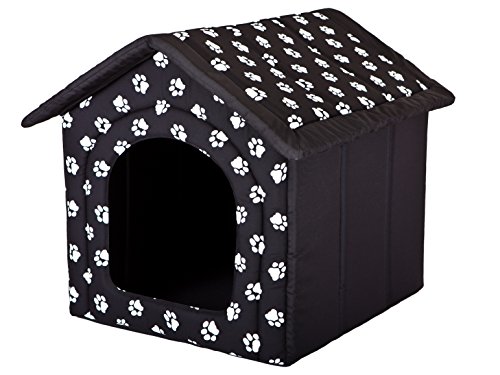 HobbyDog Hundehaus Hundehütte für mittelgroße Hunde - Katzenhaus, Katzenhöhle - mit herausnehmbarem Dach - Tierhaus für Katzen und Hunde für Drinnen/Indoor 60 x 55 x 60 cm [XL] Schwarz mit Pfoten von Hobbydog