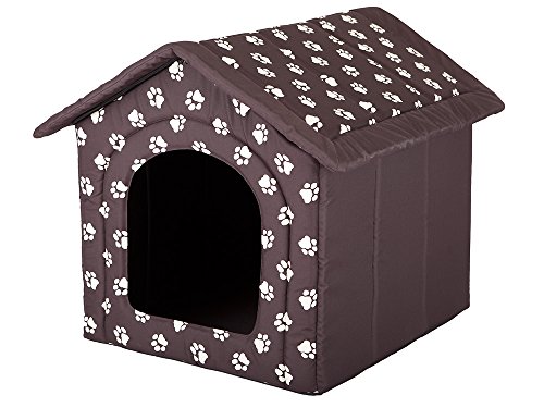 HobbyDog Hundehaus Hundehütte für mittelgroße Hunde - Katzenhaus, Katzenhöhle - mit herausnehmbarem Dach - Tierhaus für Katzen und Hunde für Drinnen/Indoor 44 x 38 x 45 cm [M] Braun mit Pfoten von Hobbydog