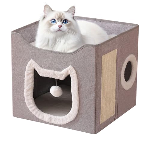 Hobngmuc Katzenhaus Für Den Innenbereich | Zusammenklappbares Haustierhaus | 2-lagiges Großes Gemütliches Höhlenbett Versteck mit Kratzpad und Ball für Hunde & Katzen | Für Innen Und Außen Im Winter von Hobngmuc