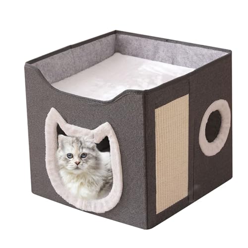Hobngmuc Katzenversteck | Klappbares Haustierhaus Hundezwinger Wohnung | 2-stöckiges Großes Winterhaus Warme Schlafstätte Versteck | Mit Kratzbrett Für Katzen Hunde Haustiere Indoor Outdoor von Hobngmuc