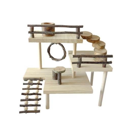 Hodeffior Hamsterplattform aus Holz mit Zaun, Kletterleiter 3-stöckig, handgefertigt, Meerschweinchen-Spielplatz, Kleintiere, Übungsaktivitätsspielzeug für Papagei, Rennmäuse, Eichhörnchen von Hodeffior