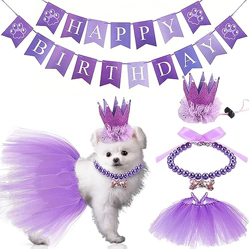 Hodeffior Haustier-Banner mit Aufschrift "Happy Birthday", Tutu, Rock, Krone, Hut, Halskette, Cosplay-Outfit, Geburtstagsparty-Zubehör für Hunde, lila von Hodeffior