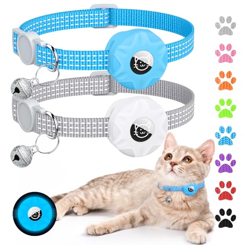 Apple AirTag Katzenhalsband, GPS-Tracker mit reflektierendem Breakaway-Design, leichtes Kätzchenhalsband mit Glocke (Grau/Leuchtblau) von Hoeraonr