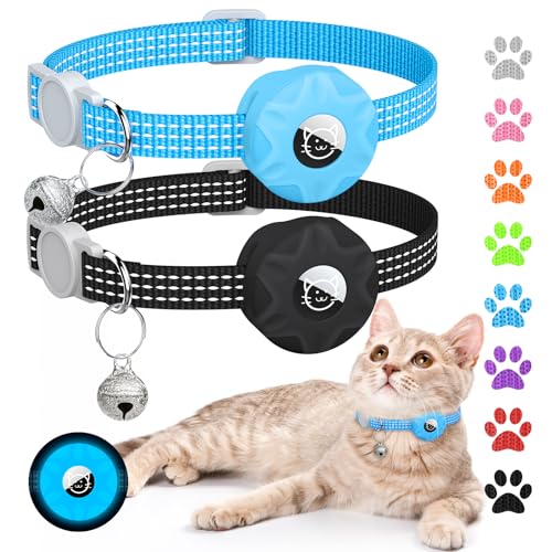 Apple AirTag Katzenhalsband, GPS-Tracker mit reflektierendem Breakaway-Design, leichtes Kätzchenhalsband mit Glocke (Schwarz/Leuchtblau) von Hoeraonr