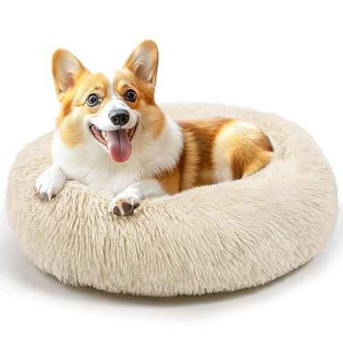 71,1 cm großes Hundebett, mittelgroße Hunde und Katzen, beruhigendes Donut-Bett für Welpen und Kätzchen, waschbares, rundes flauschiges Haustierbett (Hellbraun) von Hoewina