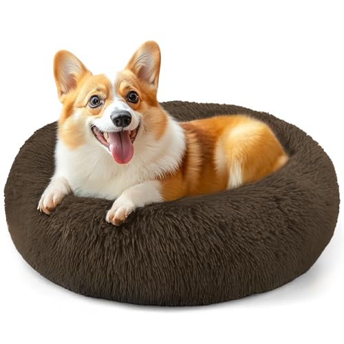 71,1 cm großes Hundebett, mittelgroße Hunde und Katzen, beruhigendes Donut-Bett für Welpen und Kätzchen, waschbares, rundes flauschiges Haustierbett (Kaffee) von Hoewina