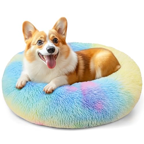 71,1 cm großes Hundebett, mittelgroße Hunde und Katzen, beruhigendes Donut-Bett für Welpen und Kätzchen, waschbares, rundes flauschiges Haustierbett (Regenbogen) von Hoewina