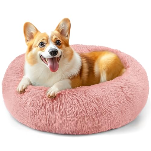 71,1 cm großes Hundebett, mittelgroße Hunde und Katzen, beruhigendes Donut-Bett für Welpen und Kätzchen, waschbares, rundes flauschiges Haustierbett (Rosa) von Hoewina