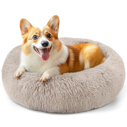 71,1 cm großes Hundebett, mittelgroße Hunde und Katzen, beruhigendes Donut-Bett für Welpen und Kätzchen, waschbares, rundes flauschiges Haustierbett (braun) von Hoewina