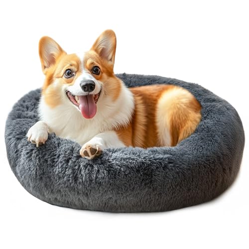71,1 cm großes Hundebett, mittelgroße Hunde und Katzen, beruhigendes Donut-Bett für Welpen und Kätzchen, waschbares, rundes flauschiges Haustierbett (dunkelgrau) von Hoewina
