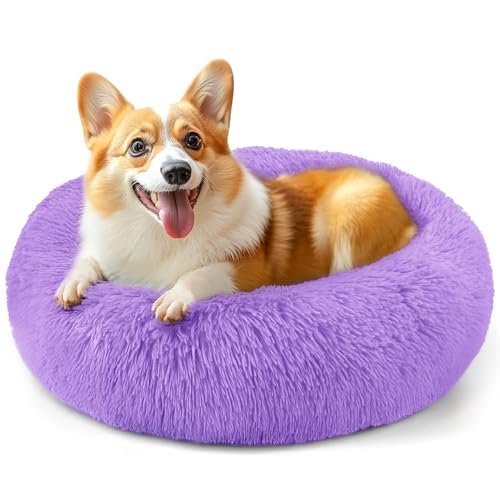 71,1 cm großes Hundebett, mittelgroße Hunde und Katzen, beruhigendes Donut-Bett für Welpen und Kätzchen, waschbares, rundes flauschiges Haustierbett (lila) von Hoewina