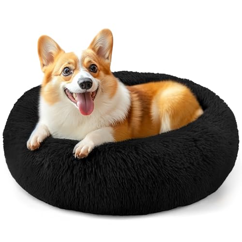 71,1 cm großes Hundebett, mittelgroße Hunde und Katzen, beruhigendes Donut-Bett für Welpen und Kätzchen, waschbares, rundes flauschiges Haustierbett (schwarz) von Hoewina