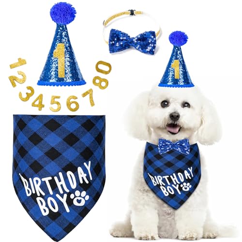 Hunde-Geburtstagsparty-Zubehör, Hunde-Geburtstagsdekoration mit Geburtstags-Hundehalstuch/Hunde-Katzen-Geburtstagshut/Hunde-Fliege/Halsband mit 0–8 Zahlen, für mittelgroße und kleine Hunde (groß, von Hoewina