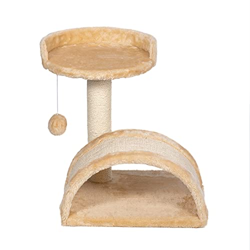 Kratzbaum, 40,6 cm, mit Kratzstämmen, mehrstöckiges Katzenhaus, mit runder Sitzstange und Plüschball, Spielcenter für Katzen, Beige von Hogaryo