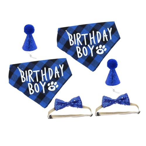 Hohopeti 2 Satz Hund Geburtstag Party Zubehör mit Kariertem Bandana und Geburtstagsmütze Inklusive Blauem Fliegen-Halsband Weiche Atmungsaktive Materialien Komfortabel und Einfach von Hohopeti