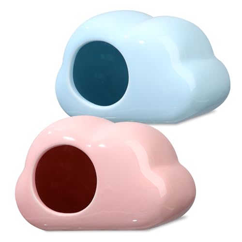 Hohopeti 2 Stück Keramik Hamster Nest Kleintier Versteck Wolkenform Kühlendes Haustierhaus für Zwerghamster Meerschweinchen mit Wasserfestem Porzellan in Blau und Rosa von Hohopeti