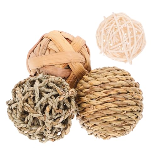 Hohopeti 4 Stück Teiliges Haustier kauspielzeug aus Natürlichem Rattan und Stroh Robustes Kaninchen Kauspielzeug zur Zahnreinigung Beißfestes Ballspielzeug für Hasen und Kleine Nager von Hohopeti