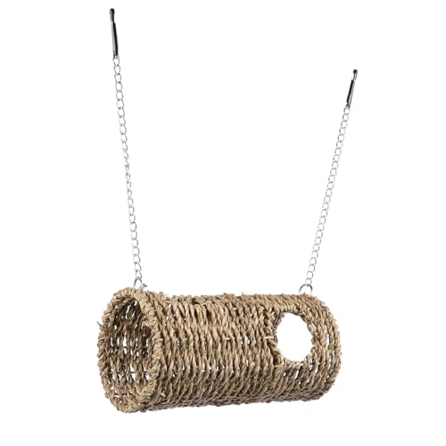 Hohopeti Hamster Tunnel Haus Handgewebt aus Naturmaterial mit Hängender Kette Mehrkammer Nest und Versteck für Hamster Mäuse Kleine Igel Sicheres und Kuschelhöhle von Hohopeti