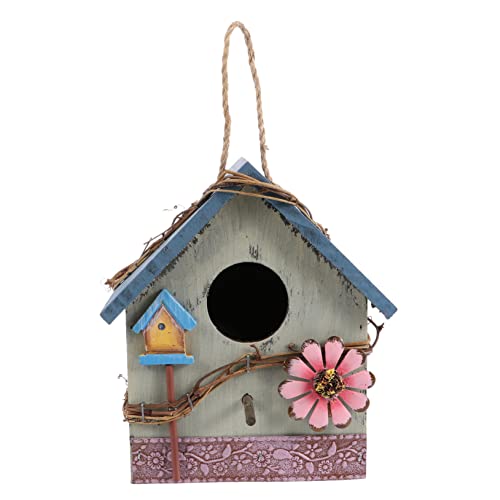 Hohopeti Holz Vogelhaus zum Hängen Garten Wildvögel Futterhaus Nistkasten mit Grünem Metallwand Schutz für Terrasse Balkon Outdoor Gartendekoration von Hohopeti