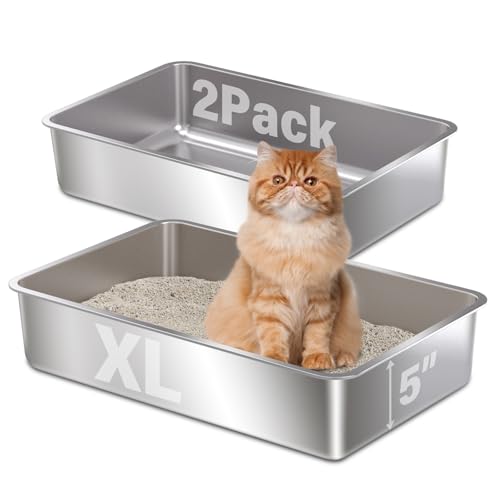 Holintan Katzentoilette aus Edelstahl, XL, Metall-Katzentoilette für Katzen, leicht zu reinigen, antihaftbeschichtet, kein Geruch, Metall-Katzentoilette für Kätzchen/mehrere Katzen, 2 Stück von Holintan