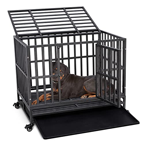 Holiwei 96,5 cm robuste unzerstörbare Hundebox XL Metall Zwinger Käfig für große Hunde, ausbruchsichere Hundebox mit Rädern, herausnehmbares Tablett von Holiwei