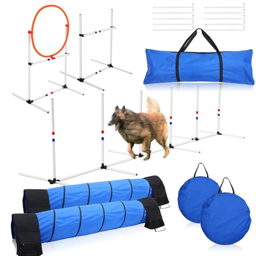 Hollowfly Agility-Trainingsgeräte für Hunde, Agility-Kurs, mit verstellbarer Höhe, Sprungstangen, geflochtene Stangen, 3 m Tunnel mit Sandsäcken, Agility-Set für Hunde, inklusive Tragetasche, 9 Stück von Hollowfly