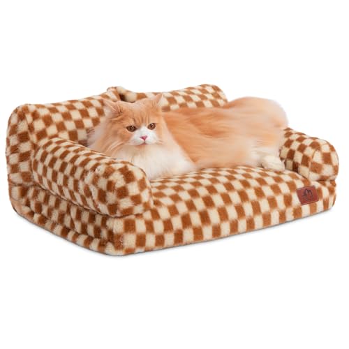 Hollypet Flauschiges Plüschsofa für Hunde und Katzen, weich, beruhigend, für mittelgroße und kleine Katzen und Hunde, Braun und Hellgelb von Hollypet