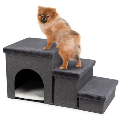 Hollypet Hundetreppe für kleine, mittelgroße und große Hunde mit Stauraum und verstellbaren Stufen, faltbare Hundetreppe für hohe Betten und Couch, rutschfeste 3-stufige graue faltbare von Hollypet